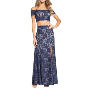 Prom 2-piece Blue Lace Sparkly Off the Shoulder Dress